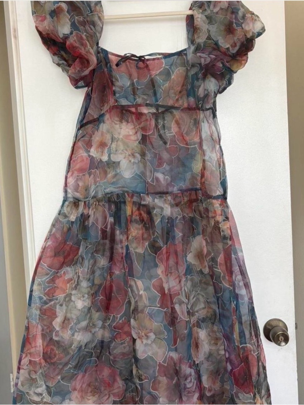 Anthropologie Sheer Floral Midi Dress in Blue and Red Tones